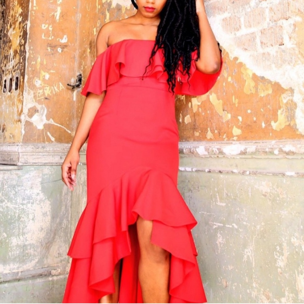 Sensemill Boutique Red Ruffle High-Low Maxi Dress